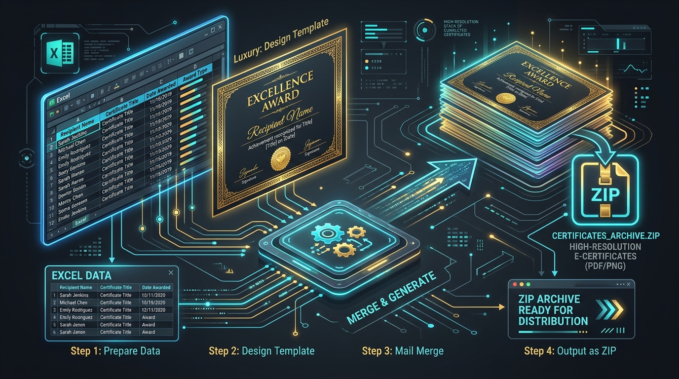 Excel Data + Template Merge to ZIP Certificates Workflow Diagram