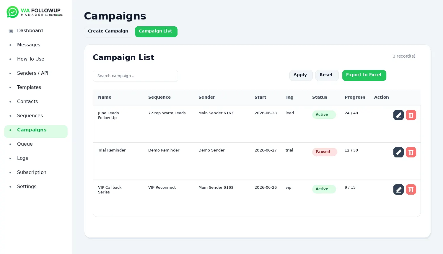 Campaign management screenshot
