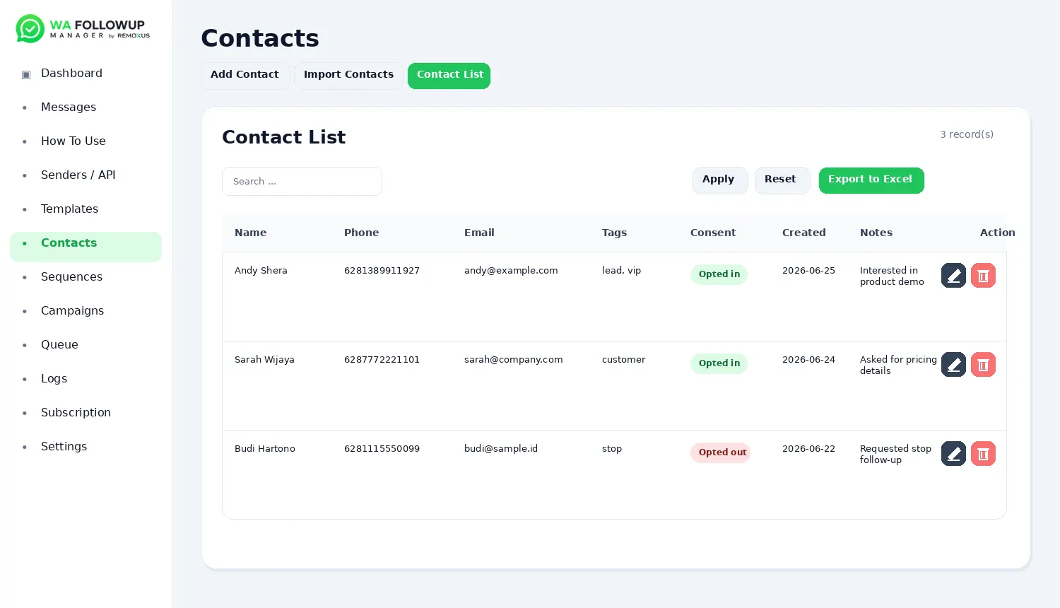 Contacts page screenshot