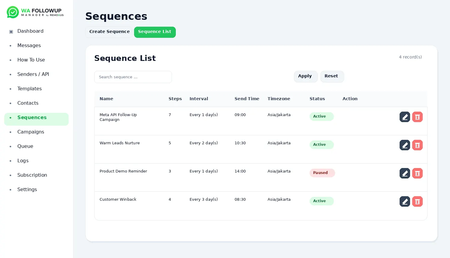 Sequences page screenshot