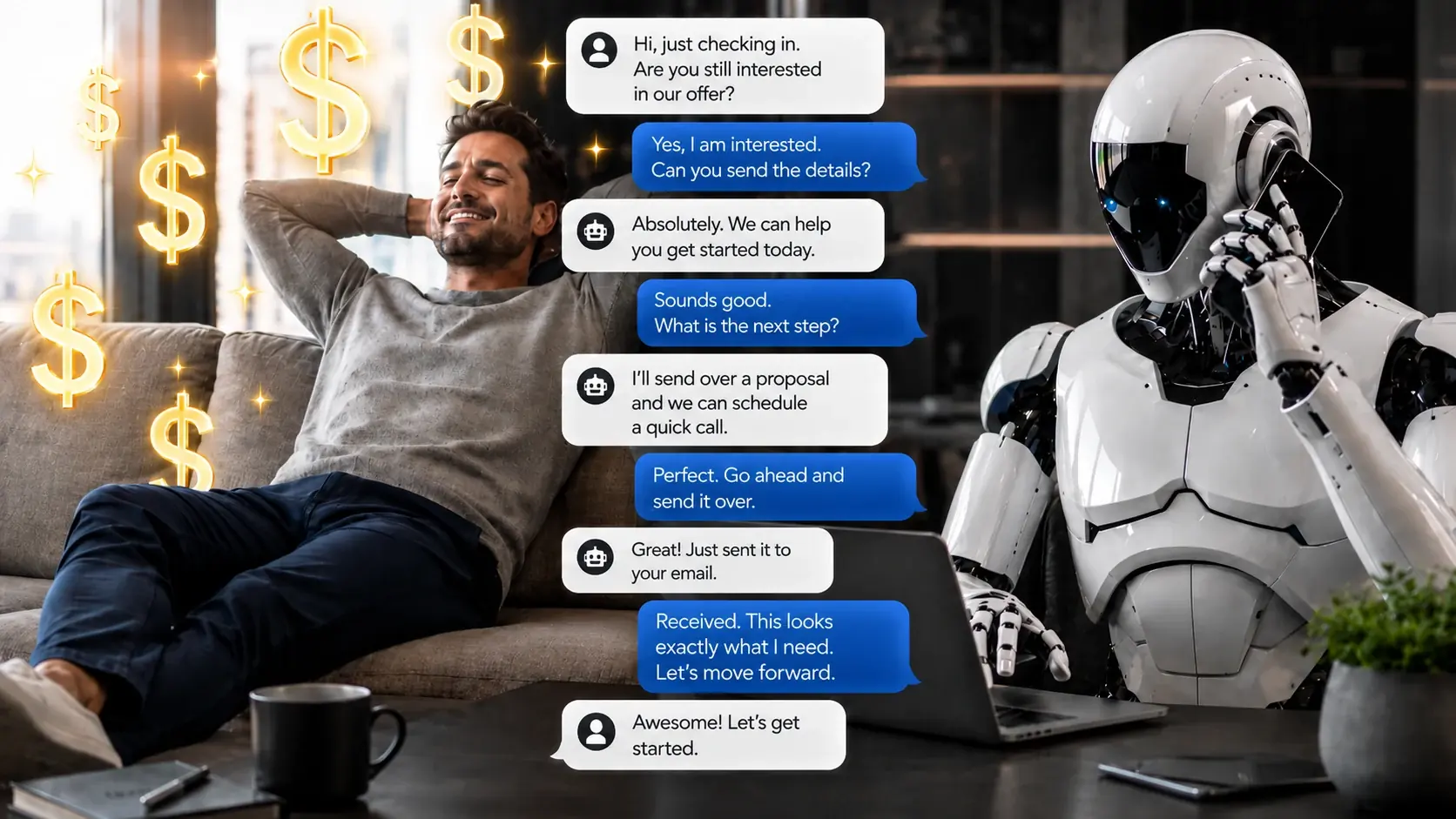 Relaxed business owner while an automation robot handles follow ups